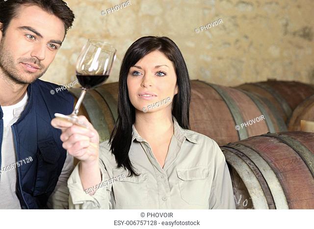 Couple in a cellar tasting wine Dubroca-Joffrey-140410Bounie-Audrey-140410