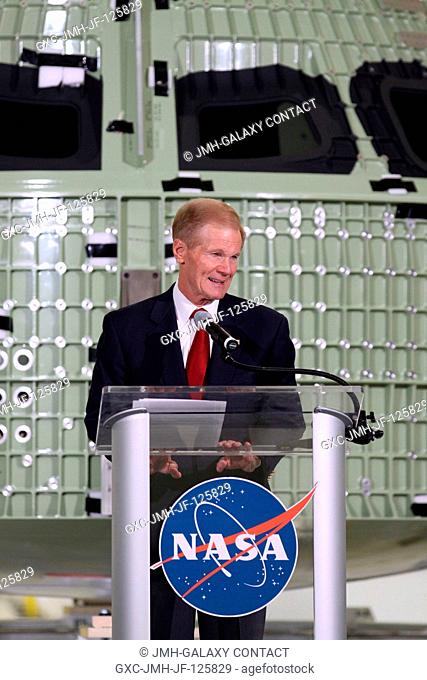 CAPE CANAVERAL, Fla. - U.S. Senator Bill Nelson addresses the audience assembled in Kennedy Space Center's Operations and Checkout Building high bay for an...