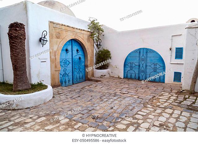Typical Tunisian, Arabian, Mediterranean architecture in Sidi Bou Said, famous touristic town near Tunis, Tunisian capital