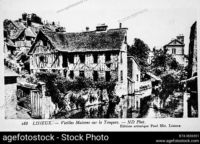 lisieux, old houses on the touques, postcard 1900
