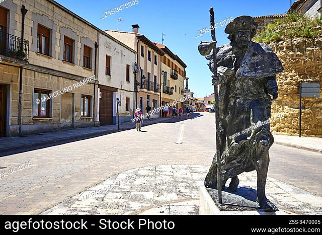 Bronze sculpture of a pilgrim. French Way, Way of St. James. Carrión de los Condes, Palencia, Castile and Leon, Spain, Europe