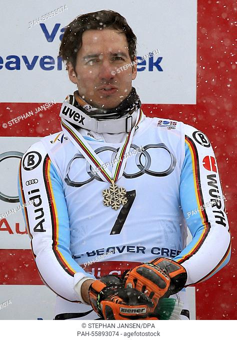 Felix Neureuther of Germany (bronze) during the winner's presentation of the mens slalom at the Alpine Skiing World Championships in Vail - Beaver Creek