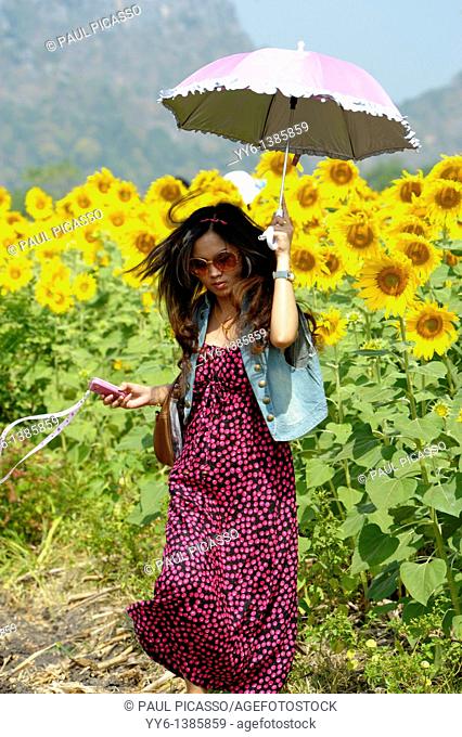 girl with umbrella walking through sunflower field , sunflower fields of lopburi , central thailand