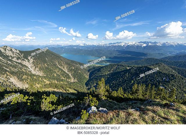 Mountain panorama, view from Heimgarten to Lake Walchensee, Alps, Upper Bavaria, Bavaria, Germany, Europe