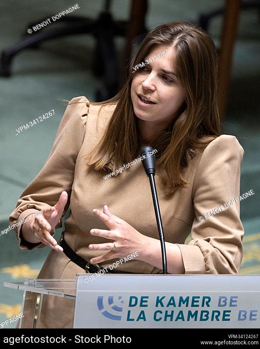 Vooruit's Vicky Reynaert pictured during a plenary session of the Chamber at the Federal Parliament in Brussels, Thursday 21 April 2022