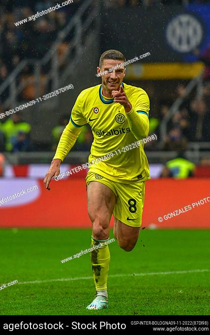 Milano, Italy. 09th, November 2022. Robin Gosens (8) of Inter scores for 6-1 during the Serie A match between Inter and Bologna at Giuseppe Meazza in Milano