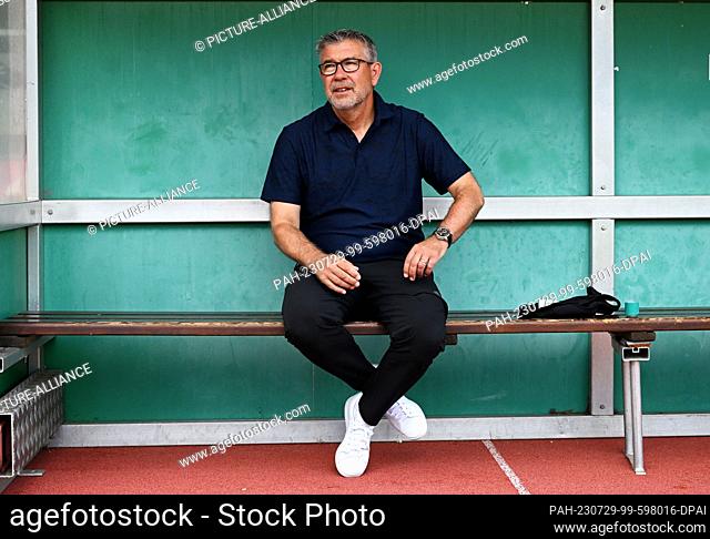 28 July 2023, Austria, Lienz: Soccer: Test match, Udinese Calcio - 1. FC Union Berlin, Union's coach Urs Fischer is on the bench