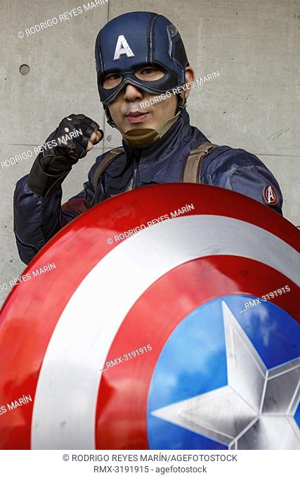 December 2, 2018, Chiba, Japan - A cosplayer dressed as Captain America poses for a photograph during the Tokyo Comic Con 2018 at Makuhari Messe International...