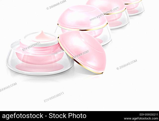 Several pink dome cosmetic jar on white background