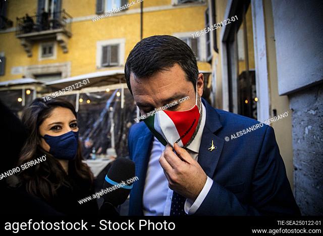 Lega party leader Matteo Salvini releases statements to journalists before the center-right summit to decide the list of names for the office of President of...