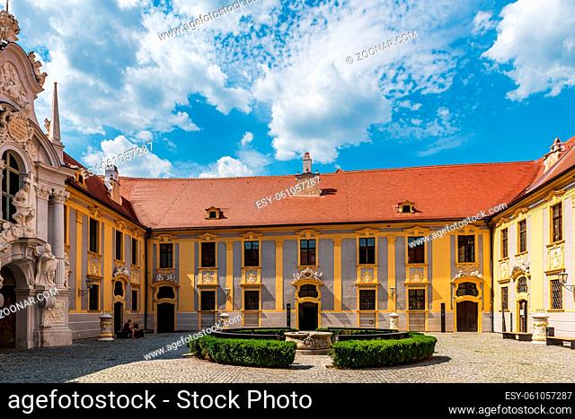 Courtyard of Mariahimmelfahrt church in the village of Durnstein in Wachau, an Unesco World Heritage SIte of Austria