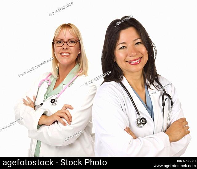 Two female doctors or nurses isolated on a white background