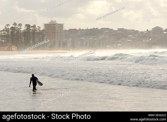 Surfer coming out of the water on a very misty beach at Manly Beach, Sydney, Australia