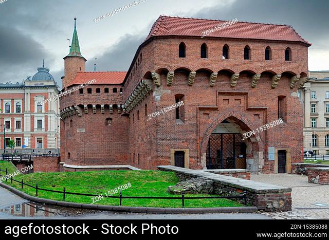 Kracow barbican, medieval fortifcation and gateway leading into the old Town of Krakow, Poland