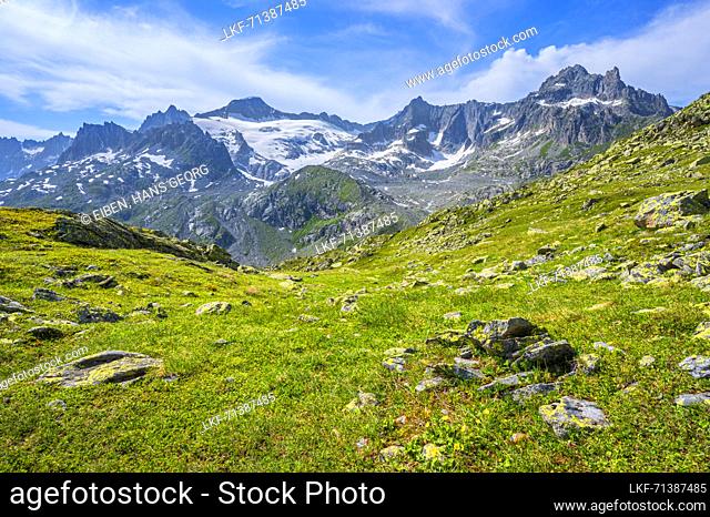 View of Galenstock (3583m), Gletschhorn (3305m) and Winterstock (3203m) in the Uri Alps, Canton of Uri, Switzerland