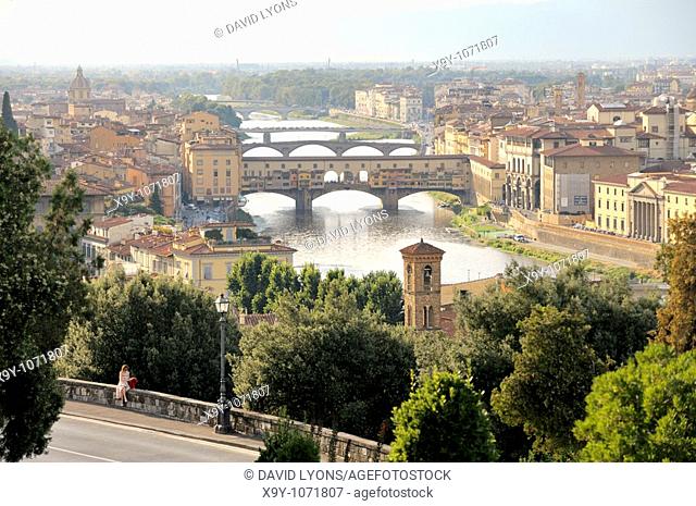 Florence, Tuscany, Italy  Classic view of the Ponte Vecchio and the River Arno from the Piazzale Michelangelo  Firenze