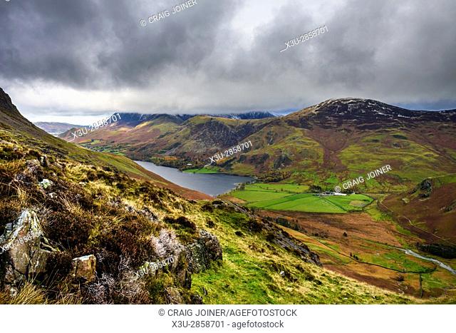 Buttermere lake, High Snockrigg and Robinson fells from Scarth Gap Pass in the Lake District National Park, Cumbria, England