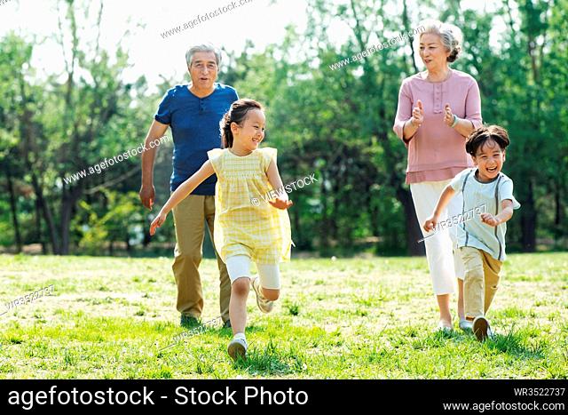 Elderly couples with children on an outing