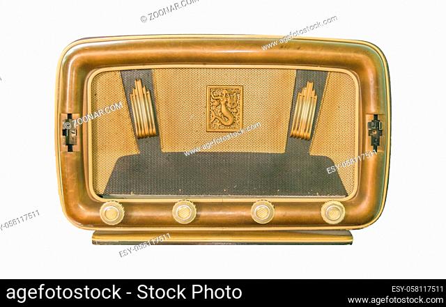 Front view shot of old radio isolated on white background