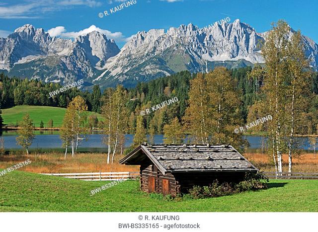 barn with stones on the roof at the Schwarzsee, Wild Kaiser, Austria, Tyrol