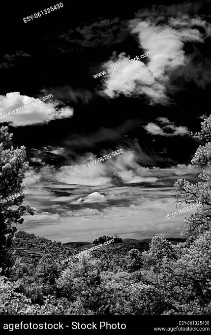 Infrared Black and white country mountains surrounding Sedona Arizona