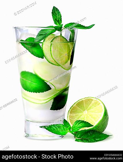 Lemonade with lime and mint isolated on white background