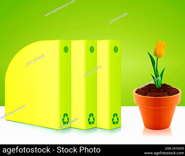 Green folders and yellow tulip, Ecological awareness concept