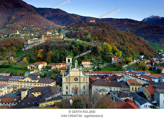 Bellinzona, Switzerland, Europe, canton, Ticino, houses, homes, Old Town, castles, view, Castelgrande, fort, wood, forest, autumn, dusk