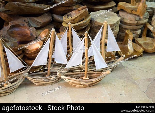 Set of hand made sail boats in view