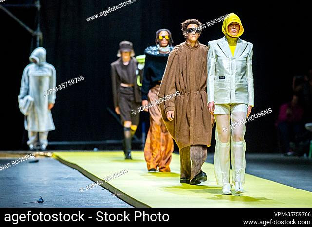A fashion model wearing clothes by master's degree student Igor Dieryck during the end of year fashion show showcasing the creations of students from the...