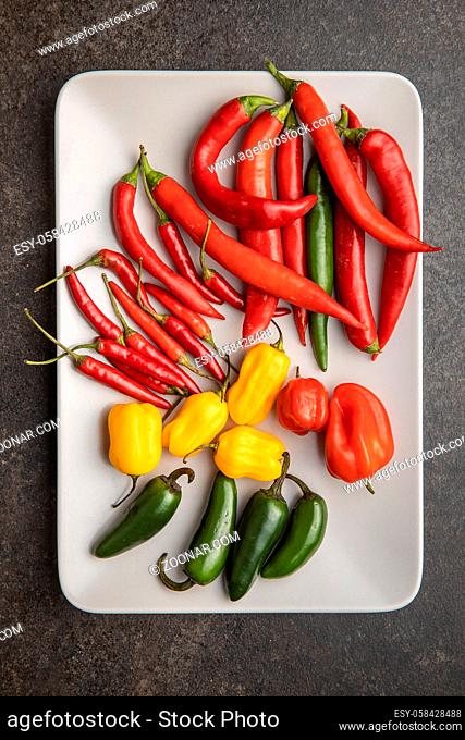 Various types of chili peppers. Chili, habanero and jalapeno peppers. Red, green and yellow hot peppers on plate. Top view