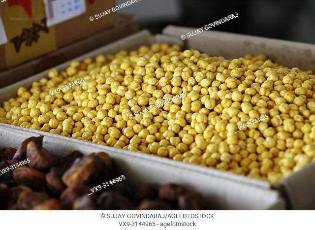 Close-up shot of a pile of chick peas