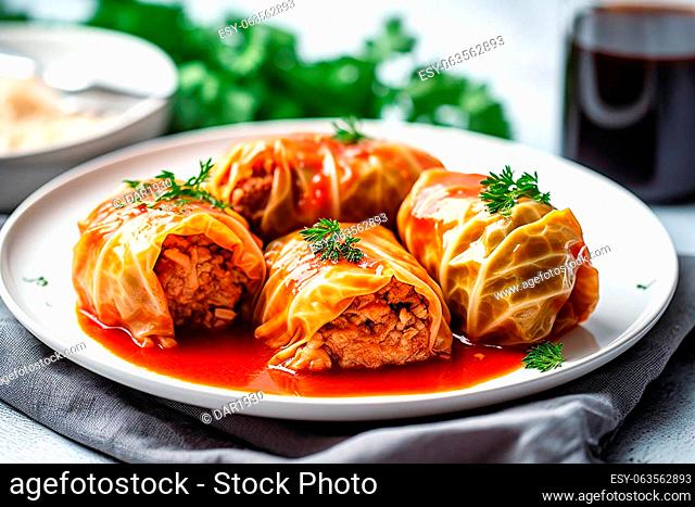 Stuffed cabbage with rice on a white table. AI generativ