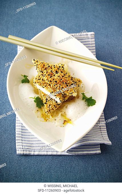 John Dory fillet with a sesame seed coating served with glass noodles and coconut foam