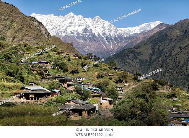 Dobang with Dhaulagiri mountains, Dhaulagiri Circuit Trek, Himalaya, Nepal