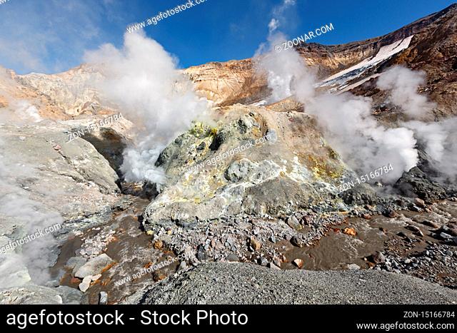 Volcanic landscape of Kamchatka: hot spring and fumarole field, gas-steam activity in crater of active Mutnovsky Volcano