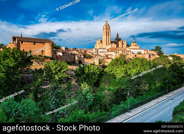 Cathedral in Segovia on hill top kissed with sun rays, Spain