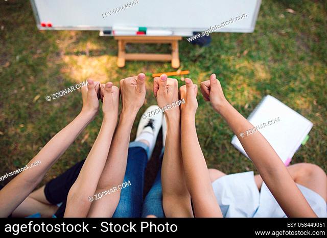 Childrean And Teacher Posing With Raised Hands. Having Lesson Outside. Education Concept