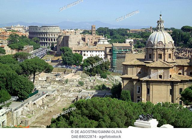 Archeological area of the Roman Forum and Church of Santi Luca and Martina, 17th century, Colosseum (UNESCO World Heritage List, 1980) in the background