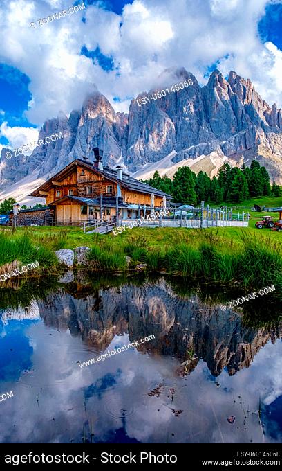 Geisler Alm, Dolomites Italy, hiking in the mountains of Val Di Funes in Italian Dolomites, Nature Park Geisler-Puez with Geisler Alm in South Tyrol