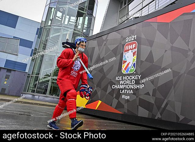 David Sklenicka of Czech Republic on the way to a bus that will take him to the training hall during the 2021 IIHF Ice Hockey World Championship in Riga, Latvia