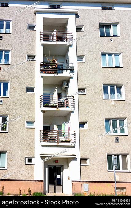 Olomouc (Olmütz), apartment building with tiny balconies in Olomoucky, Olomouc Region, Olmützer Region, Czech