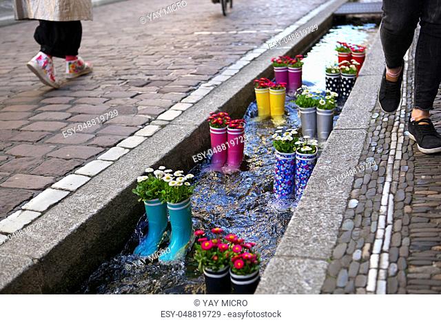 Rubber boots in the water with flowers in the city of Freiburg. Tourist attraction in the city center