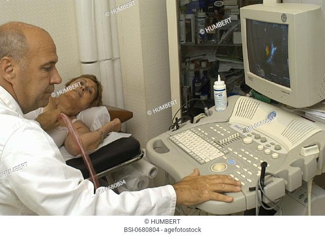 HEART, SONOGRAPHY<BR>Photo essay from doctor's office. Patient and doctor.<BR>Cardiologist. Echocardiogram