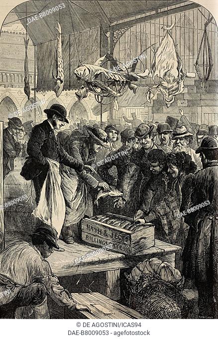 A fish auction in Columbia Market, Bethnal Green, London, United Kingdom, illustration by Charles Joseph Staniland (1838-1916)