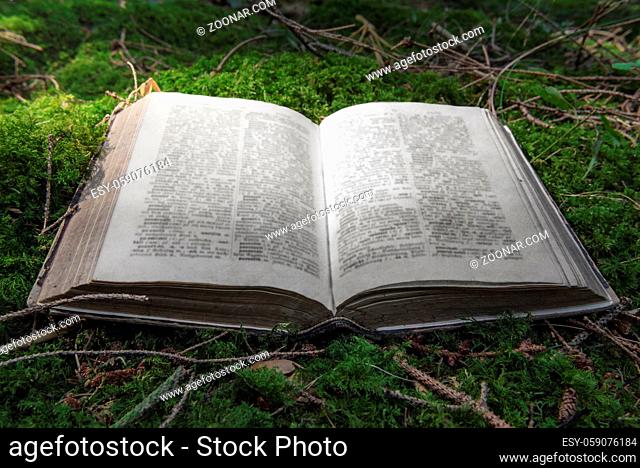 Close up image with an open old book placed on a carpet of green moss, in a forest, with a great game of lights, on a sunny day of summer