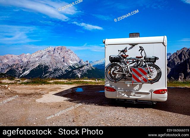 Family vacation travel, holiday trip in motorhome, VR Caravan car Vacation. Beautiful Nature Italy natural landscape Alps