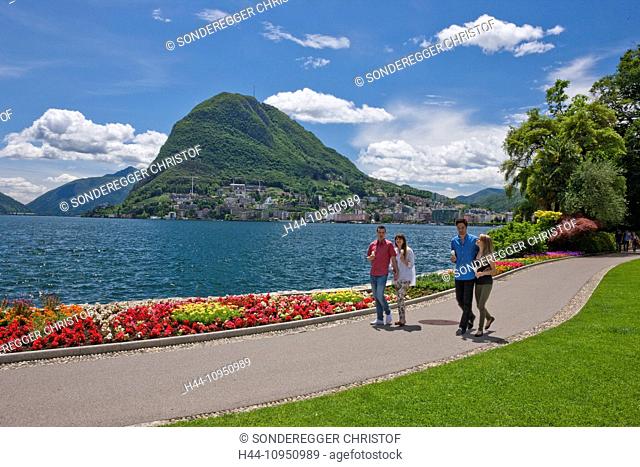 Switzerland, Europe, group, woman, man, couple, couples, lake, canton, TI, Ticino, Southern Switzerland, park, walking, Lugano, lake Lugano, San Salvatore