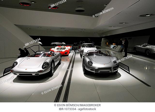 Interior view with Porsche sports cars, new Porsche Museum, Stuttgart, Baden-Wuerttemberg, Germany, Europe