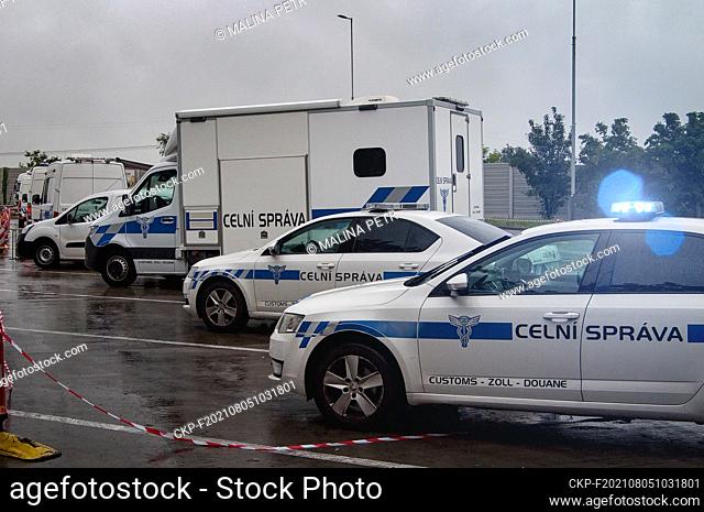 Czech customs officers control trucks with mobile X-ray frame at D1 highway in Ujezd near Pruhonice, Czech Republic, August 5, 2021 due to drug dealers